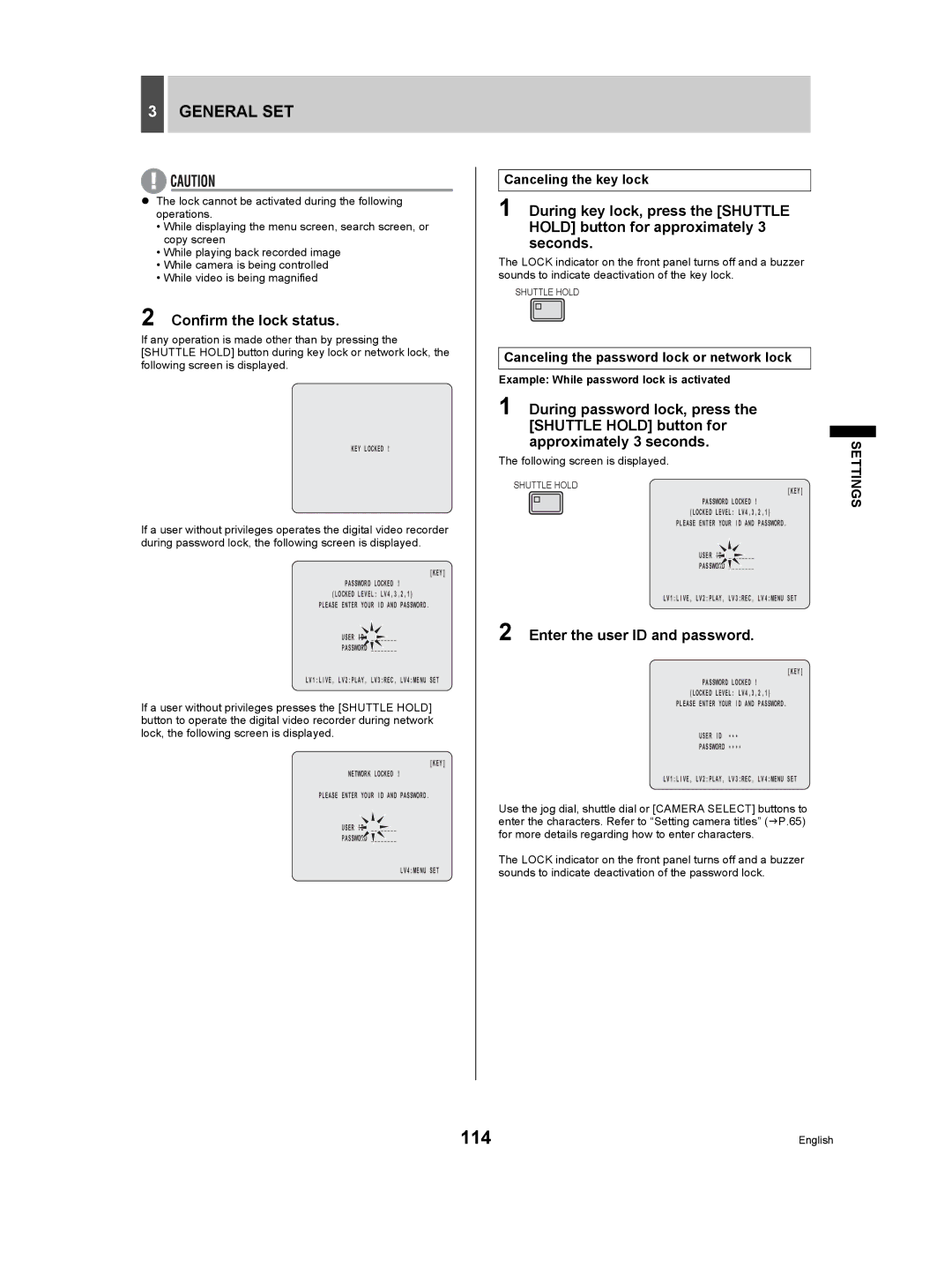 Sanyo DSR-5009P 114, Confirm the lock status, During password lock, press, Enter the user ID and password 