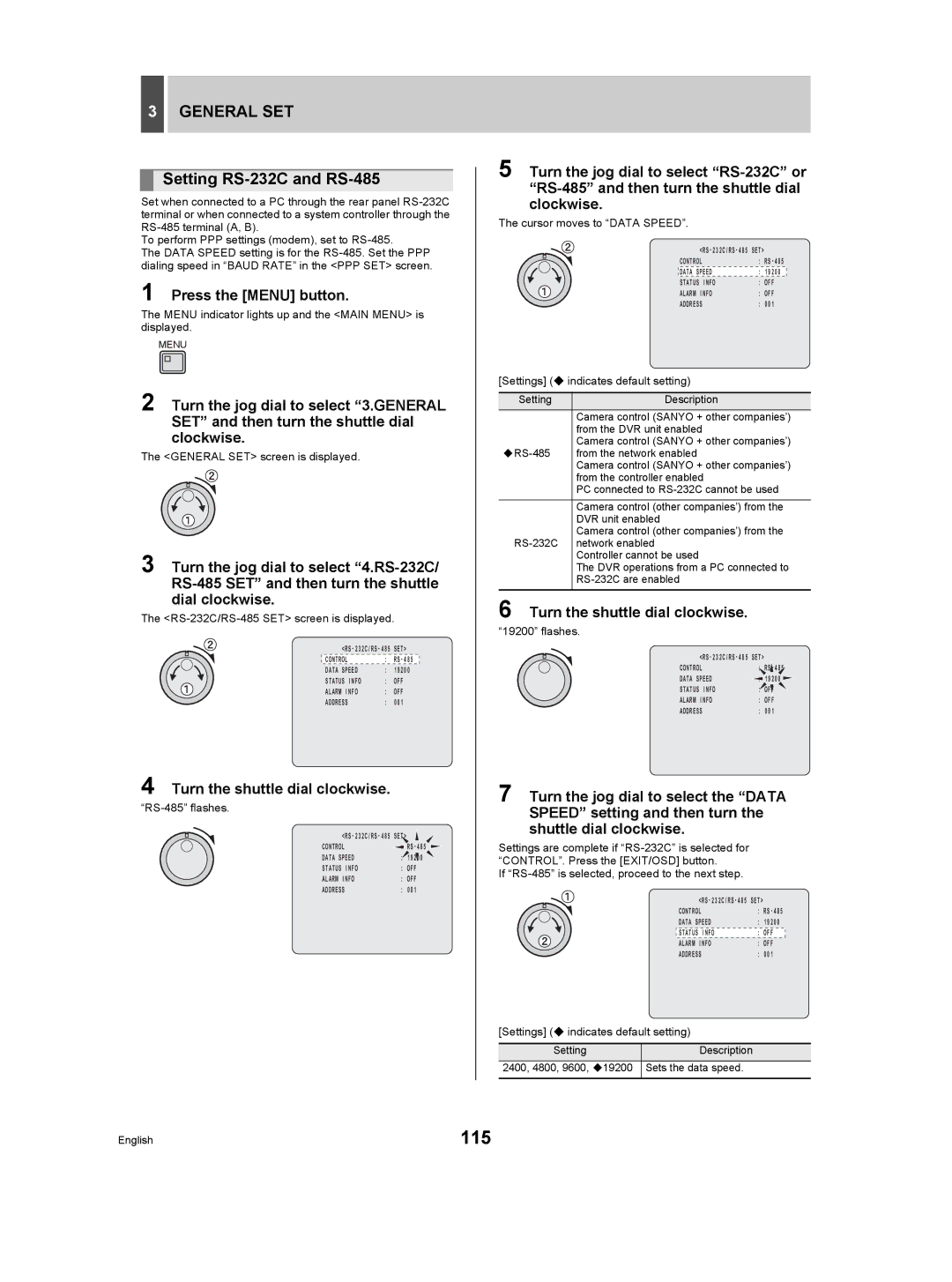 Sanyo DSR-5009P instruction manual 115, Setting RS-232C and RS-485, RS-232C/RS-485 SET screen is displayed, RS-485 flashes 