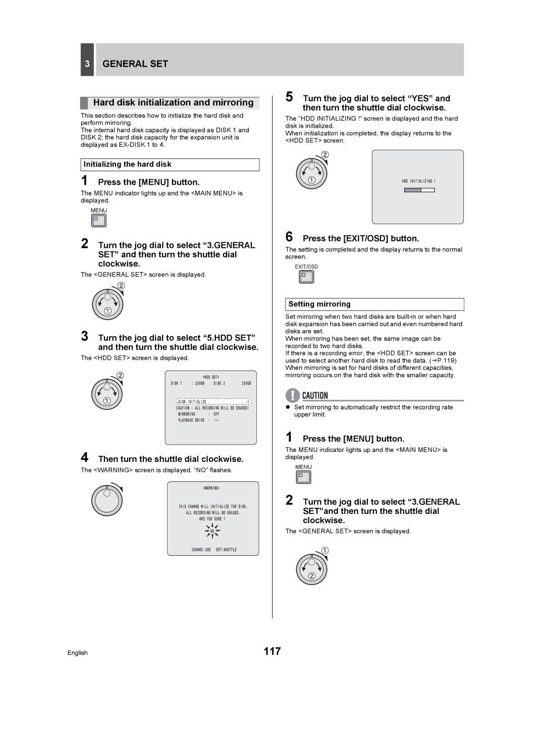 Sanyo DSR-5009P 117, Hard disk initialization and mirroring, Initializing the hard disk, Setting mirroring 