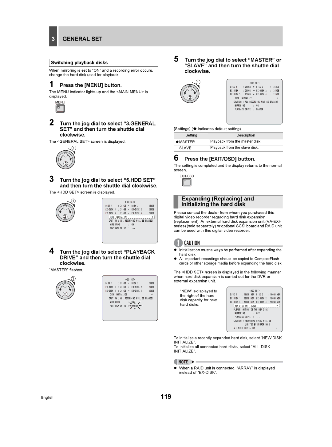 Sanyo DSR-5009P instruction manual 119, Expanding Replacing and initializing the hard disk, Switching playback disks 