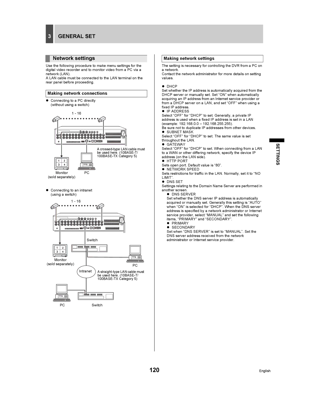 Sanyo DSR-5009P instruction manual 120, Network settings, Making network connections, Making network settings, Switch 