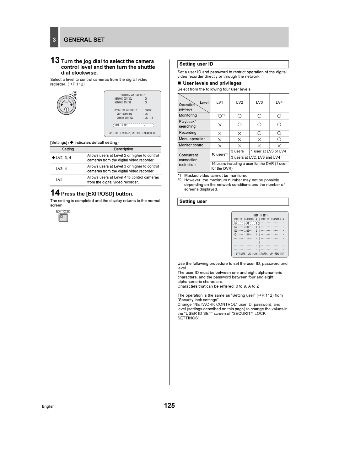 Sanyo DSR-5009P instruction manual 125, „ User levels and privileges, Setting user, LV1 LV2 LV3 LV4 