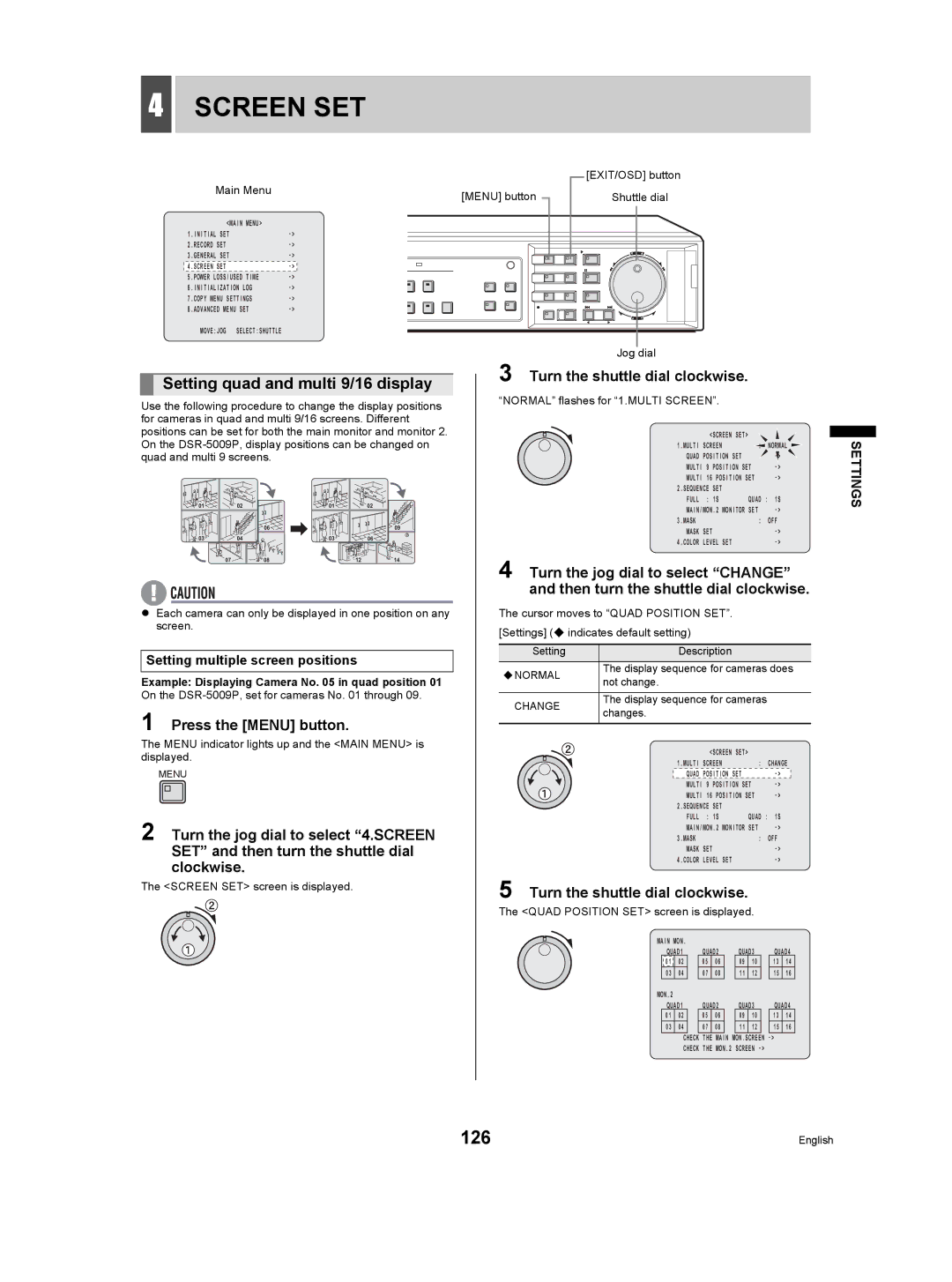 Sanyo DSR-5009P instruction manual Screen SET, 126, Setting quad and multi 9/16 display 