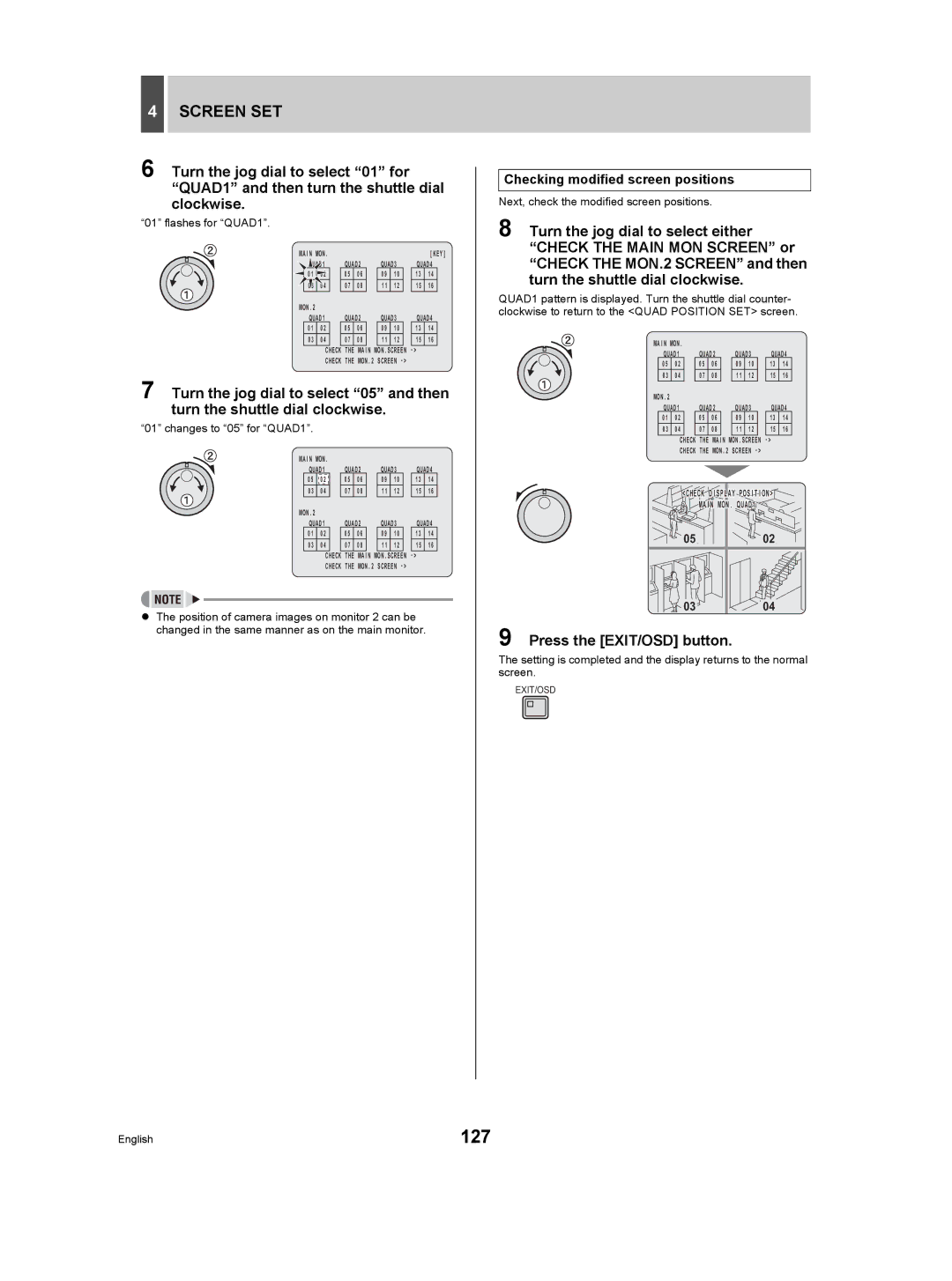 Sanyo DSR-5009P instruction manual 127, Screen SET, Checking modified screen positions 