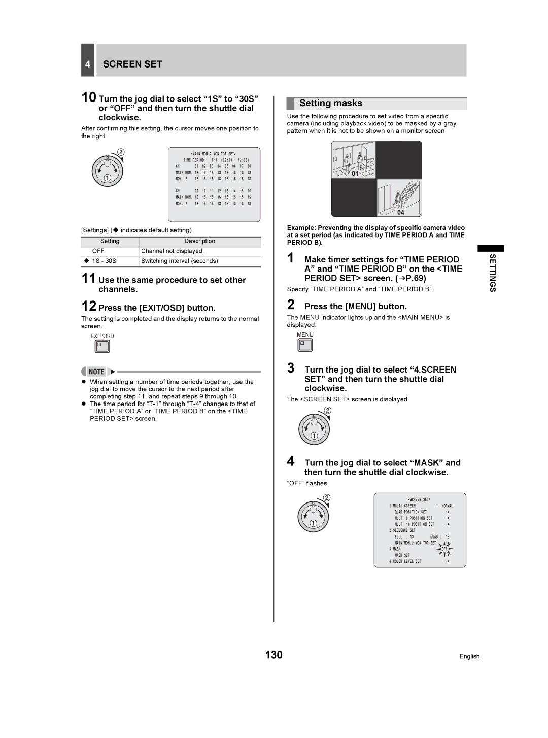 Sanyo DSR-5009P instruction manual 130, Setting masks, Channel not displayed, ‹ 1S 30S Switching interval seconds 