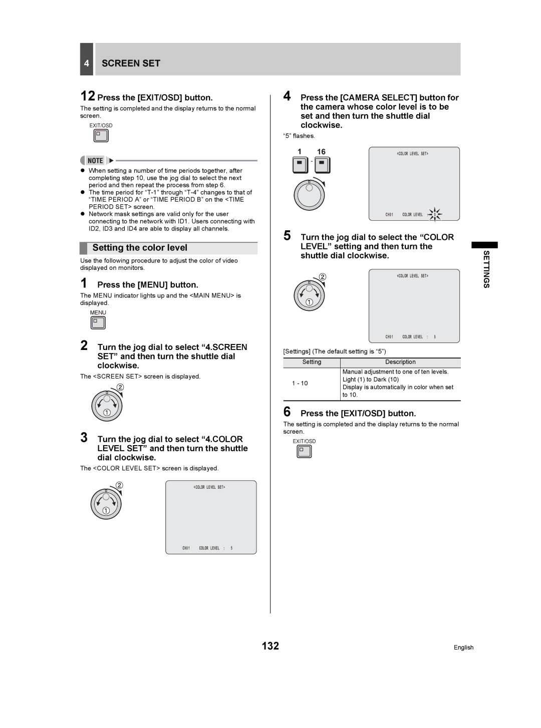 Sanyo DSR-5009P 132, Setting the color level, Color Level SET screen is displayed, Settings The default setting is 