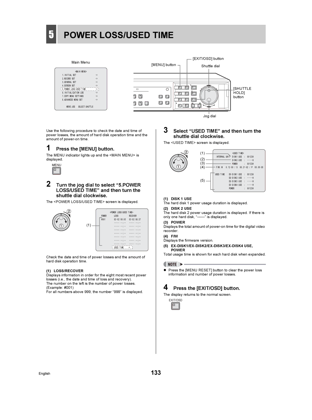 Sanyo DSR-5009P instruction manual Power LOSS/USED Time, 133, Select Used Time and then turn the shuttle dial clockwise 