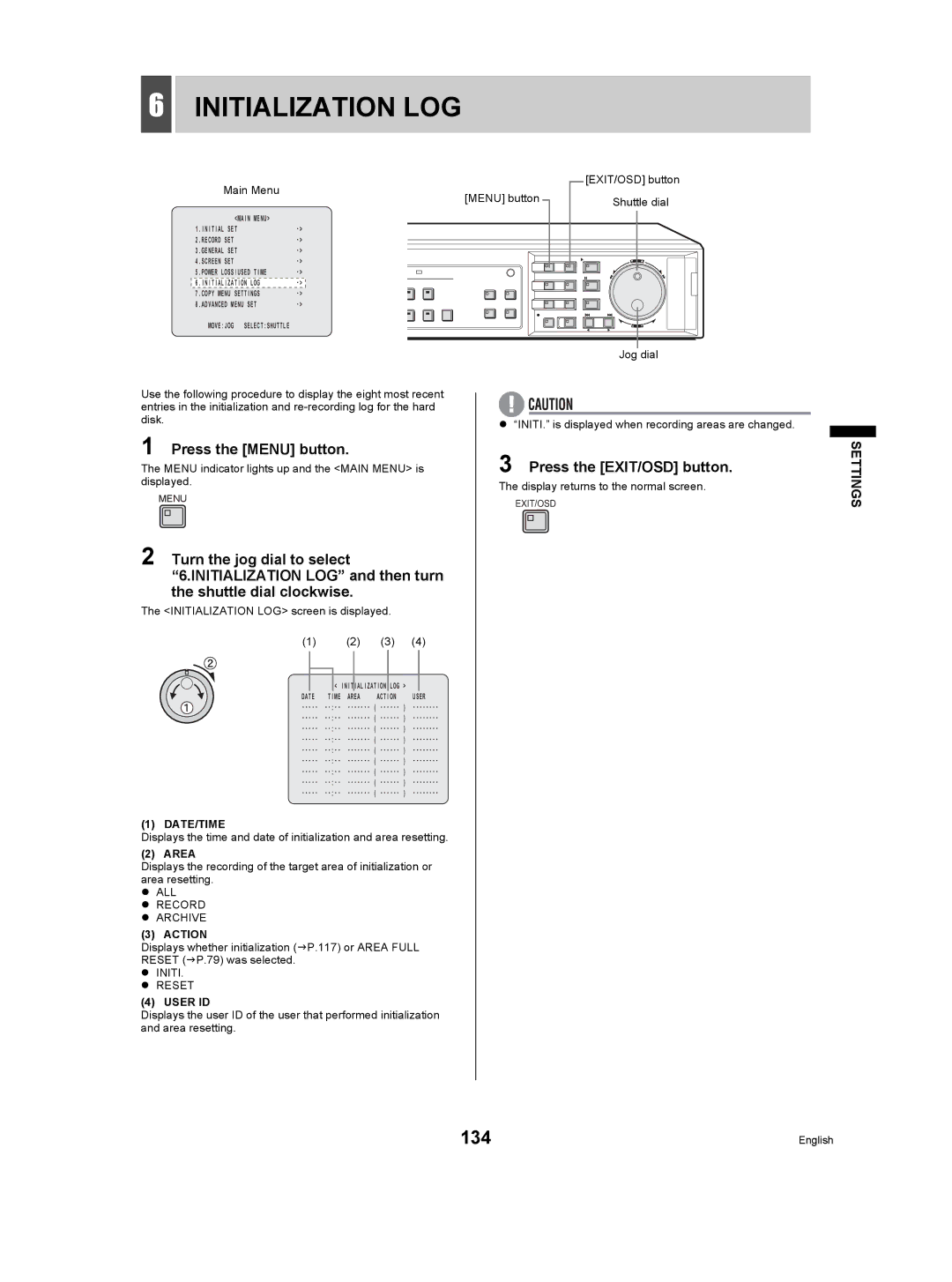 Sanyo DSR-5009P instruction manual Initialization LOG, 134, Area, Action, User ID 