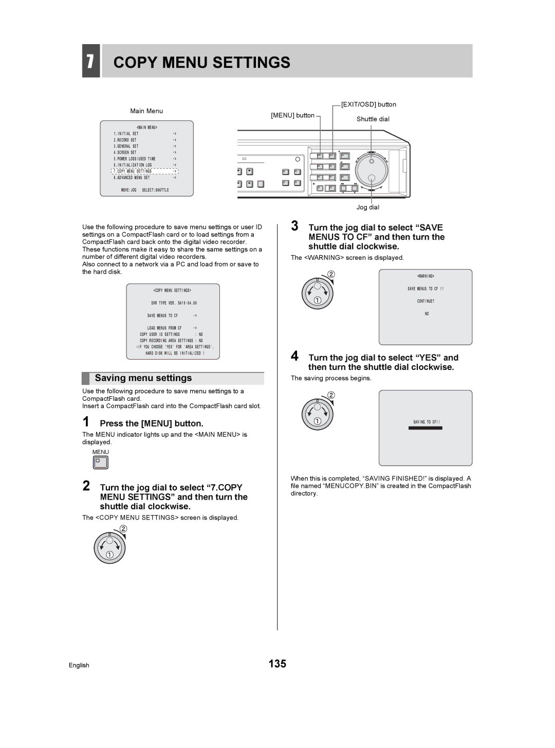 Sanyo DSR-5009P 135, Saving menu settings, Copy Menu Settings screen is displayed Jog dial, Saving process begins 