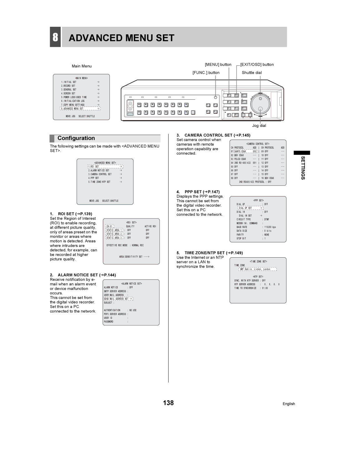 Sanyo DSR-5009P instruction manual Advanced Menu SET, 138 