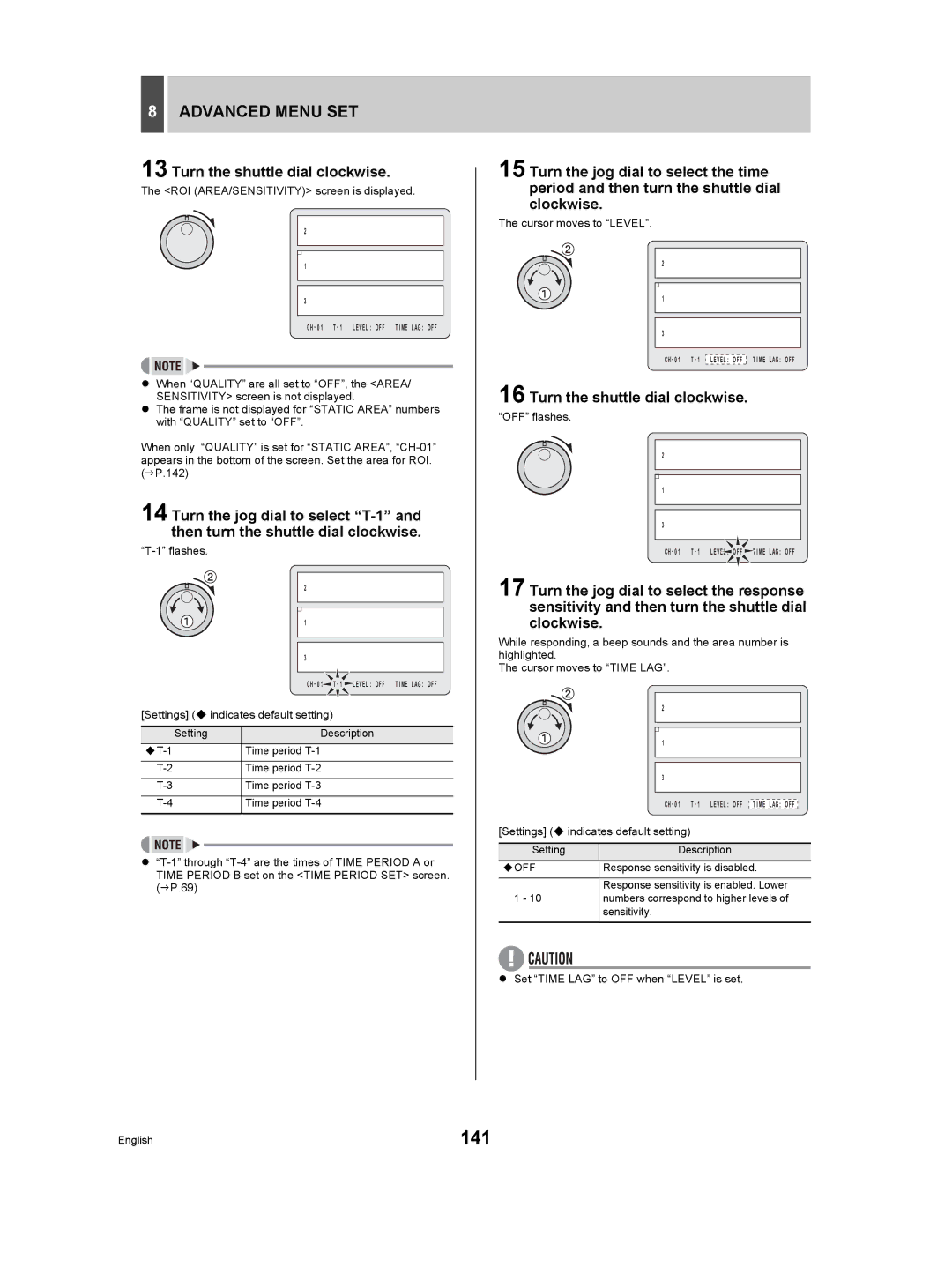 Sanyo DSR-5009P instruction manual 141, ROI AREA/SENSITIVITY screen is displayed, Response sensitivity is disabled 