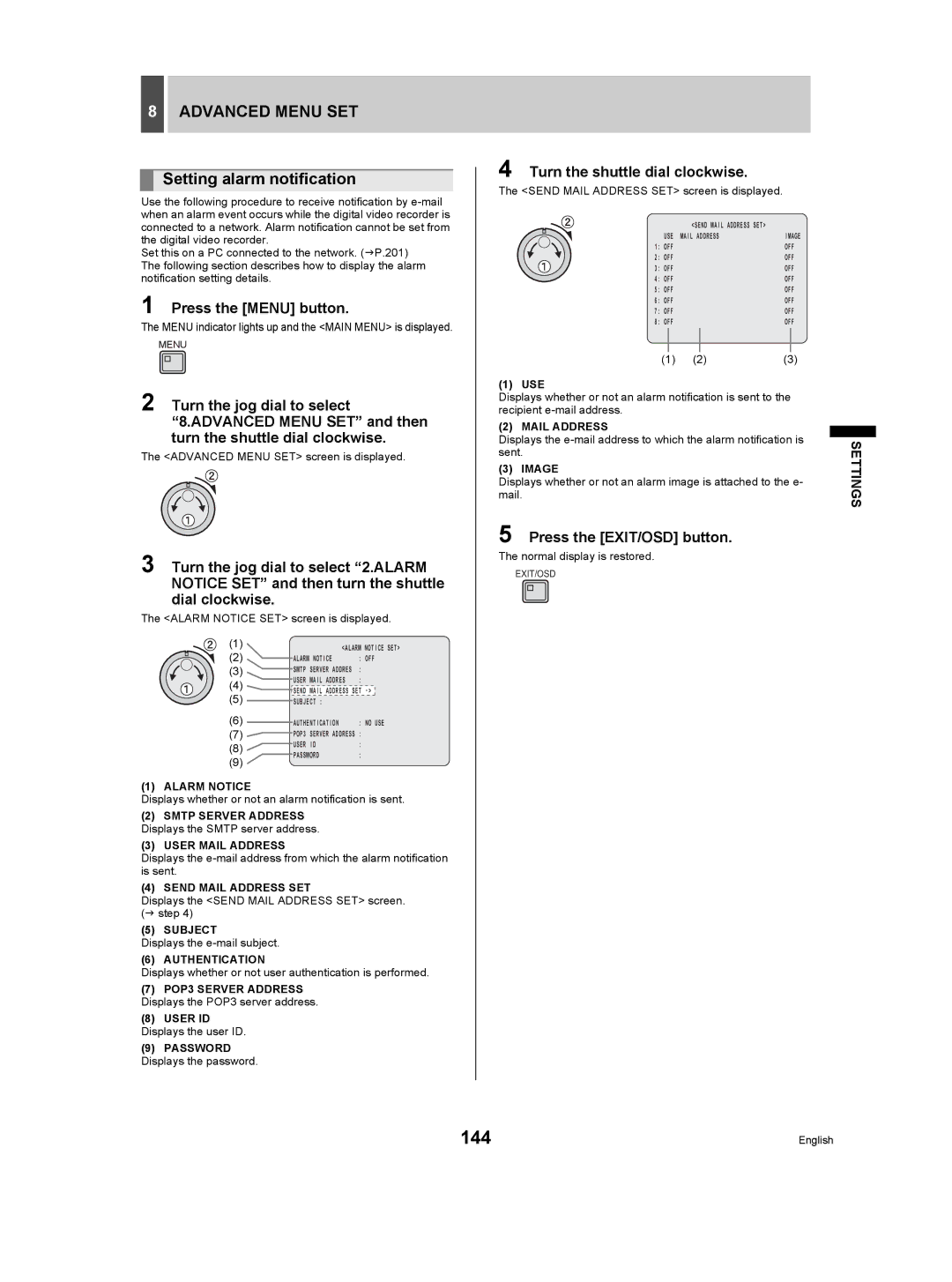 Sanyo DSR-5009P instruction manual 144, Setting alarm notification 