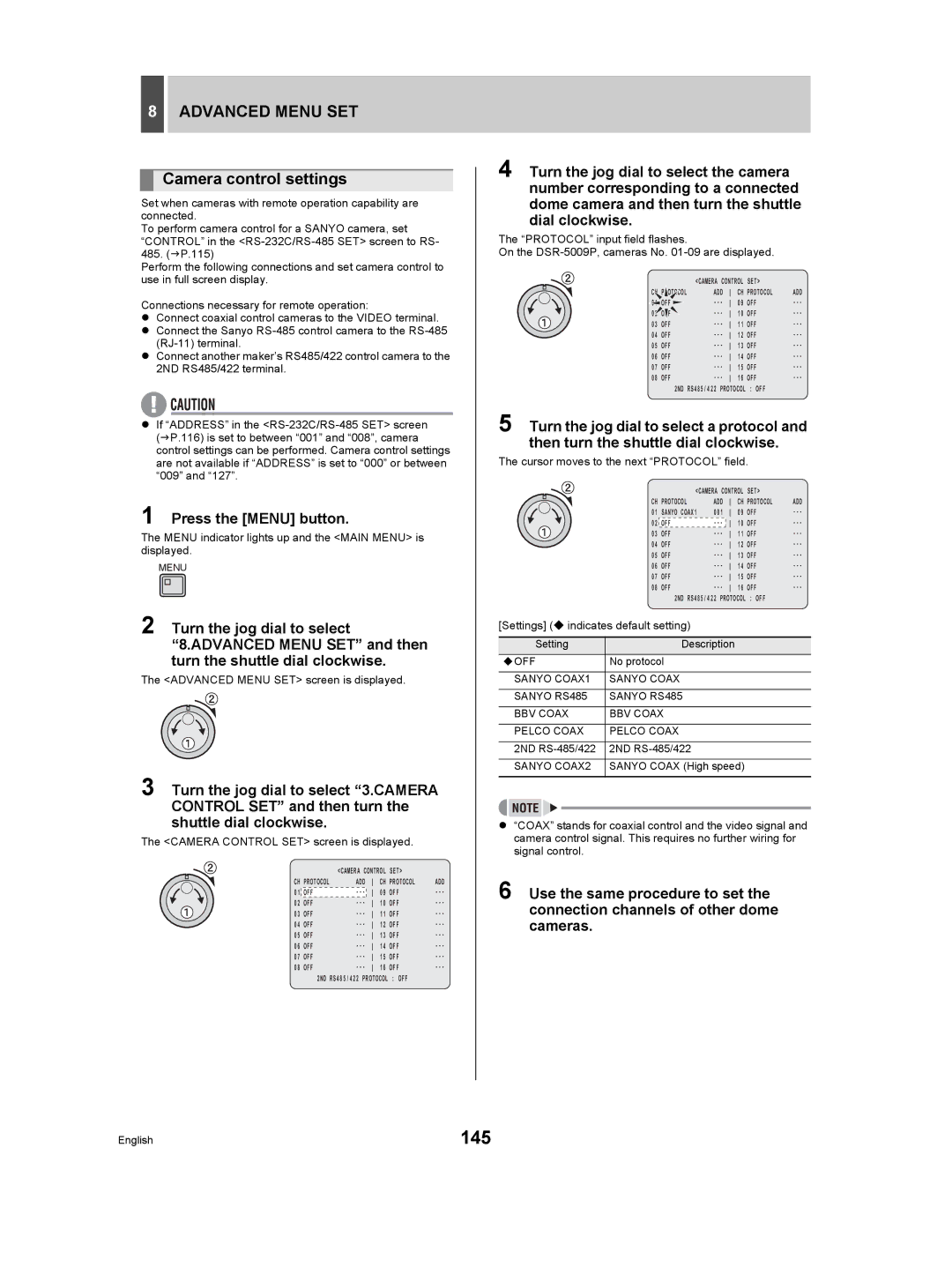 Sanyo DSR-5009P 145, Camera control settings, Sanyo COAX1 Sanyo Coax Sanyo RS485 BBV Coax Pelco Coax, Sanyo COAX2 