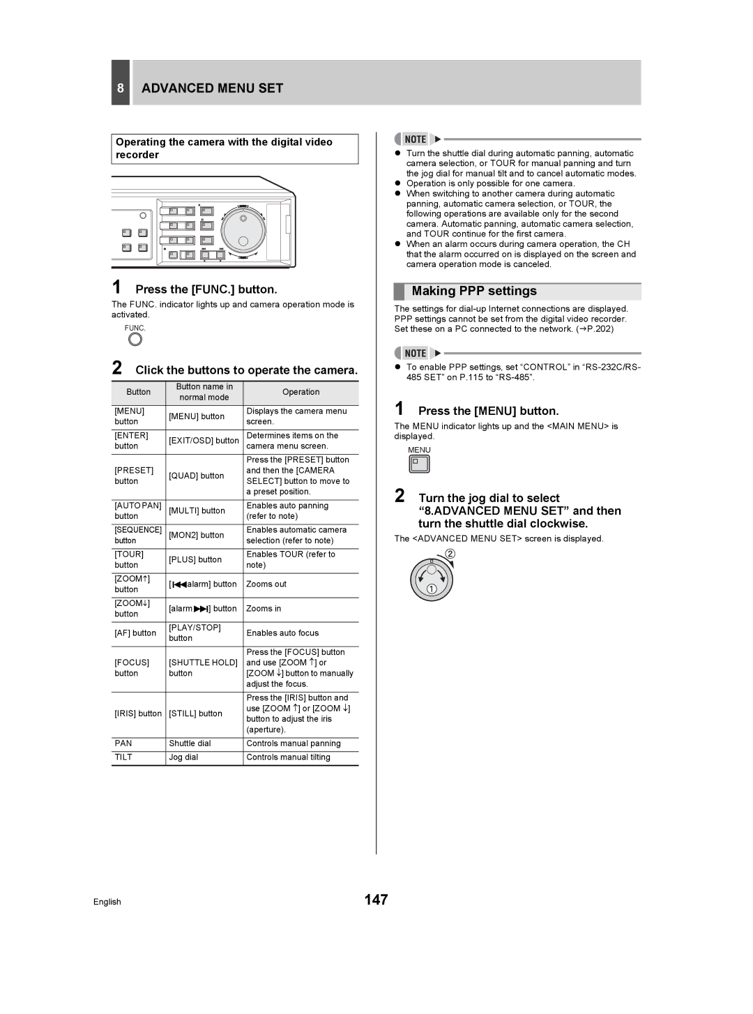 Sanyo DSR-5009P instruction manual 147, Making PPP settings, Click the buttons to operate the camera 