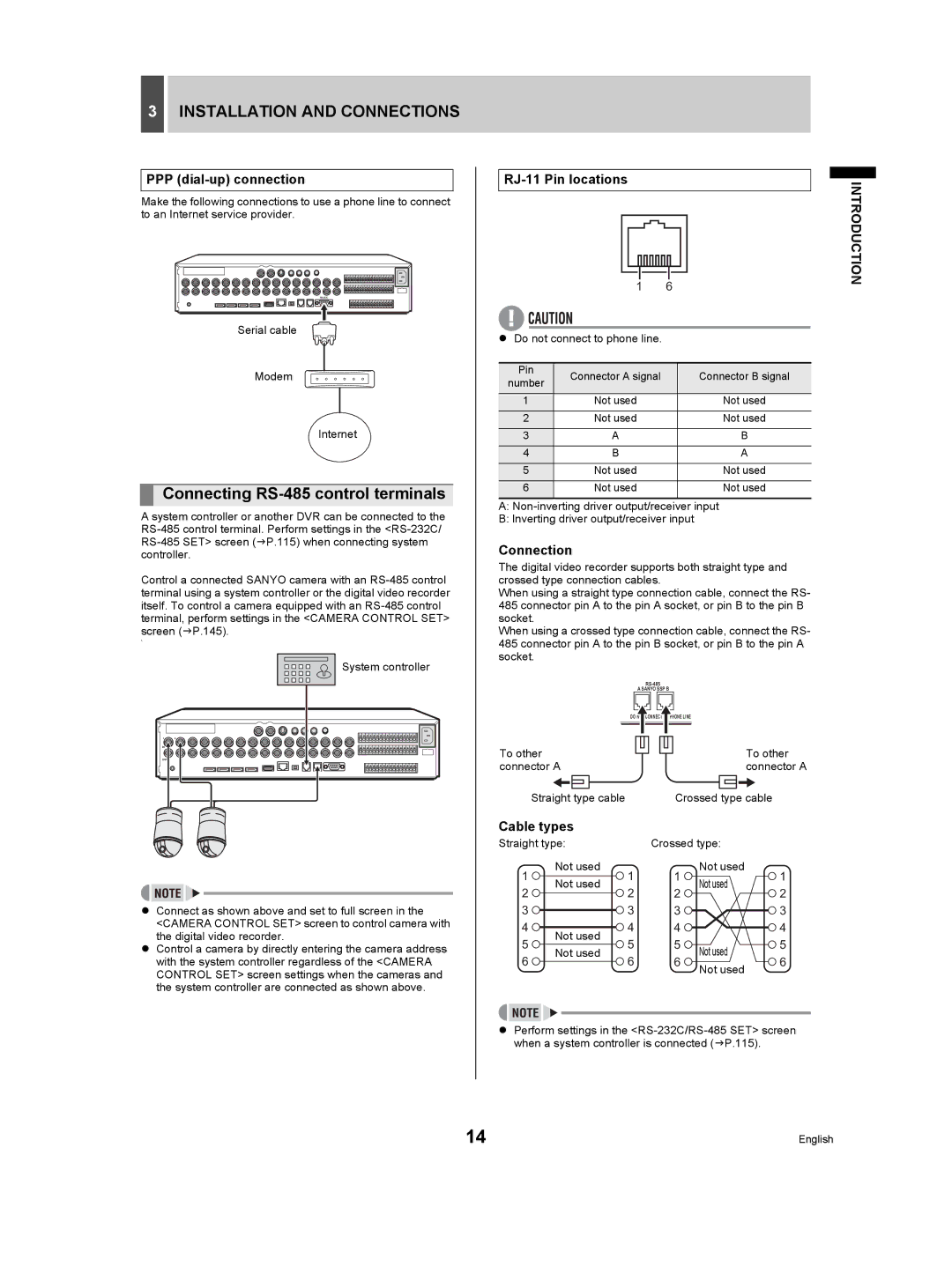 Sanyo DSR-5009P instruction manual Installation and Connections, Connecting RS-485 control terminals 