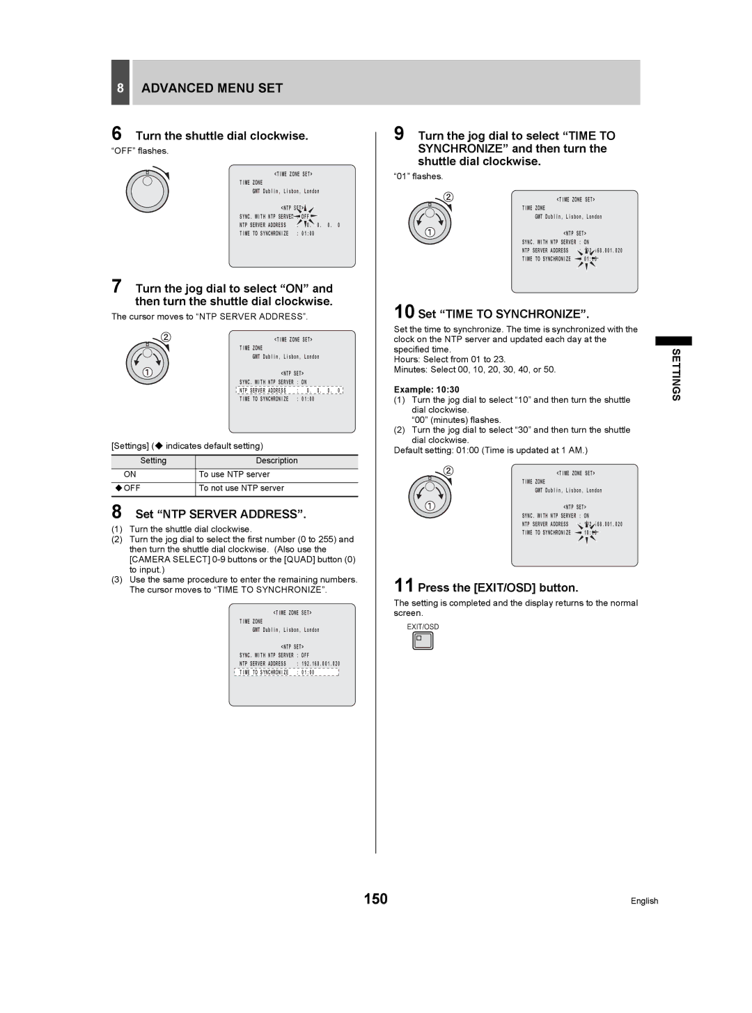 Sanyo DSR-5009P instruction manual 150, Set NTP Server Address, Set Time to Synchronize, Example 