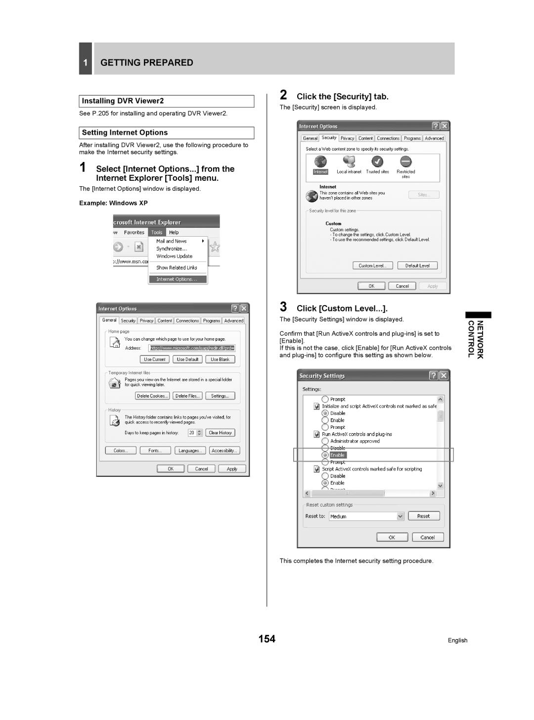 Sanyo DSR-5009P instruction manual 154, Getting Prepared, Click the Security tab, Click Custom Level 