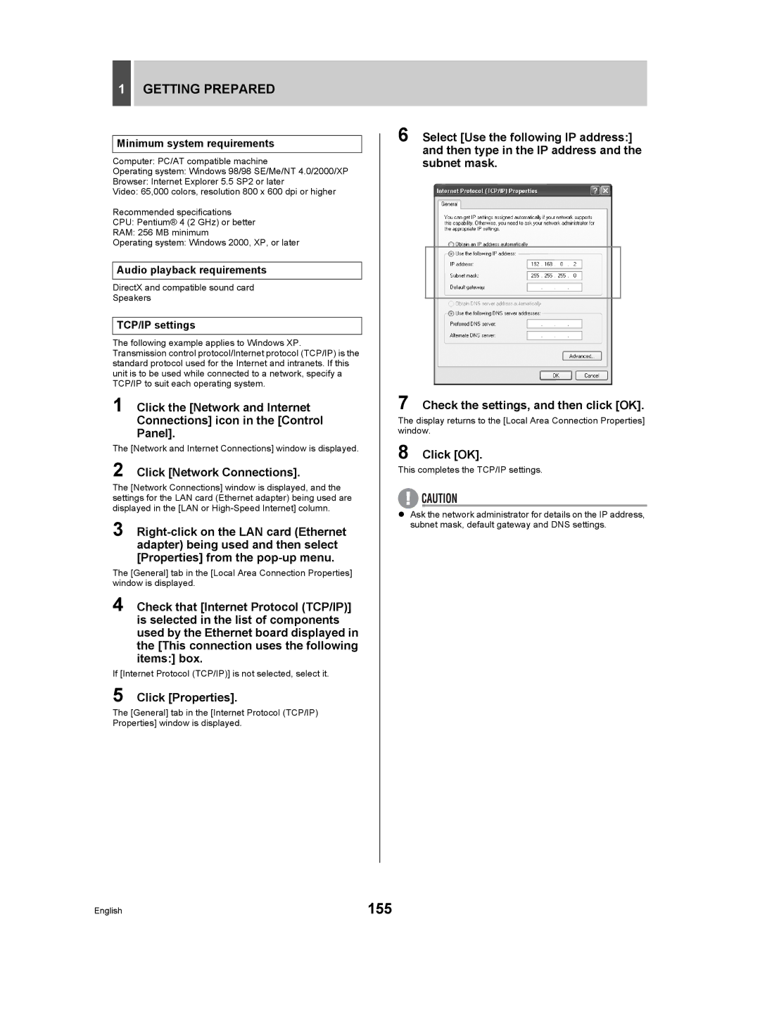 Sanyo DSR-5009P instruction manual 155, Click Network Connections, Click Properties, Click OK 