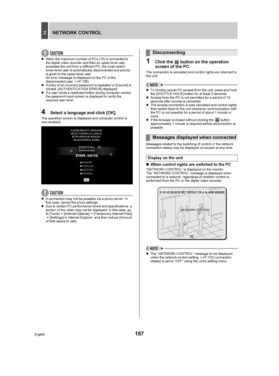 Sanyo DSR-5009P instruction manual 157, Disconnecting, Messages displayed when connected, Select a language and click OK 