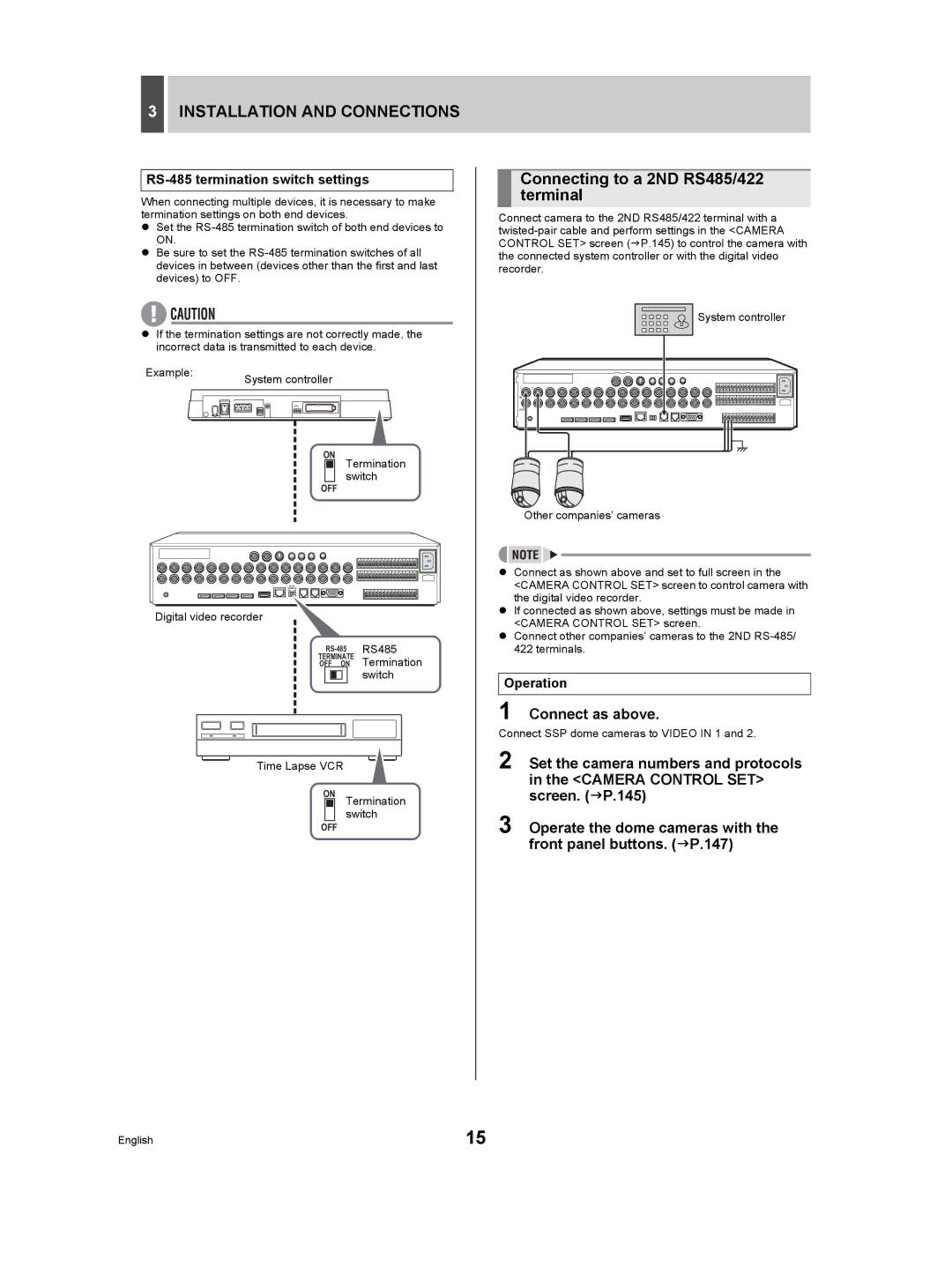 Sanyo DSR-5009P Connecting to a 2ND RS485/422 terminal, Connect as above, RS-485 termination switch settings, Operation 