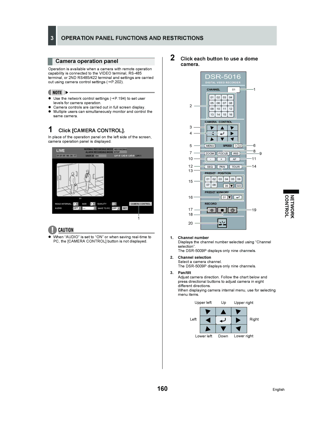 Sanyo DSR-5009P instruction manual 160, Operation Panel Functions and Restrictions, Camera operation panel 