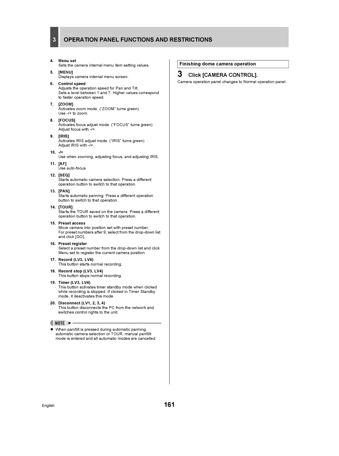 Sanyo DSR-5009P instruction manual 161, Finishing dome camera operation 