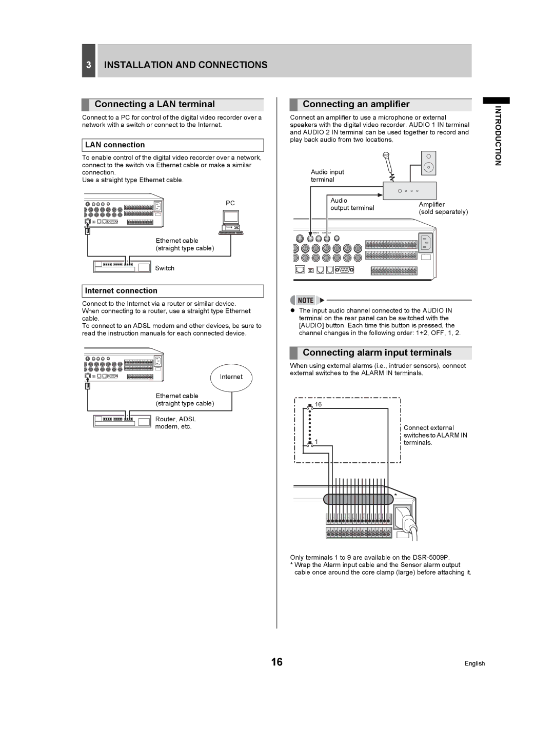 Sanyo DSR-5009P Connecting a LAN terminal, Connecting an amplifier, Connecting alarm input terminals, LAN connection 