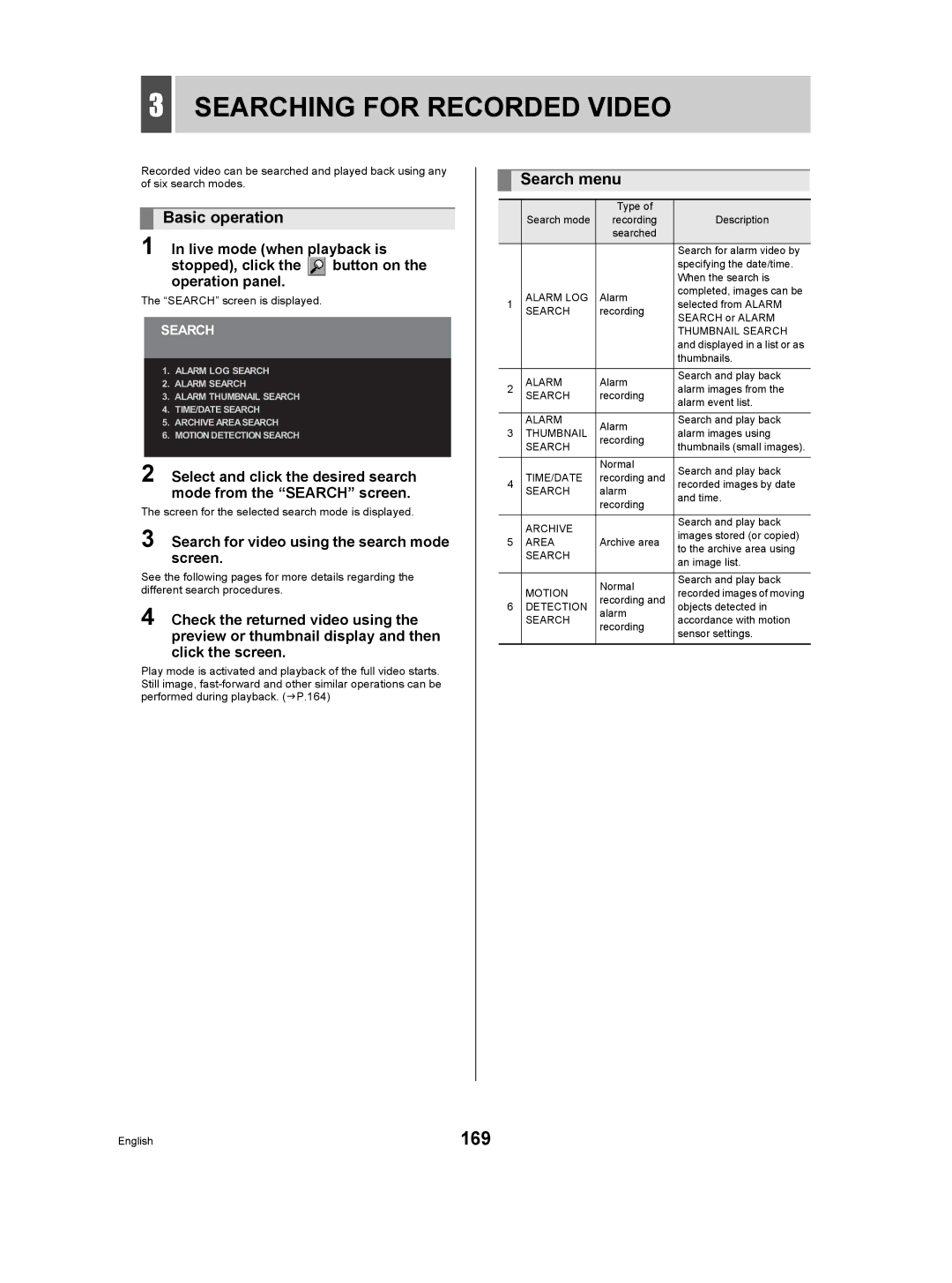 Sanyo DSR-5009P instruction manual 169, Basic operation, Search menu, Search for video using the search mode screen 