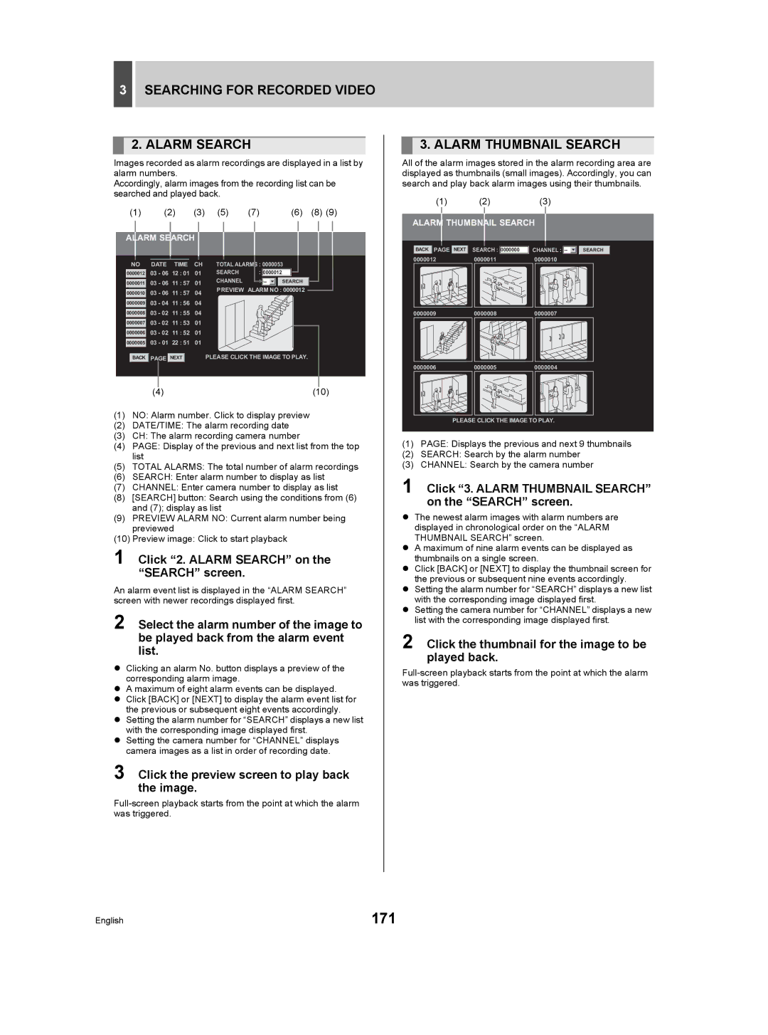 Sanyo DSR-5009P instruction manual 171, Searching for Recorded Video Alarm Search, Alarm Thumbnail Search 