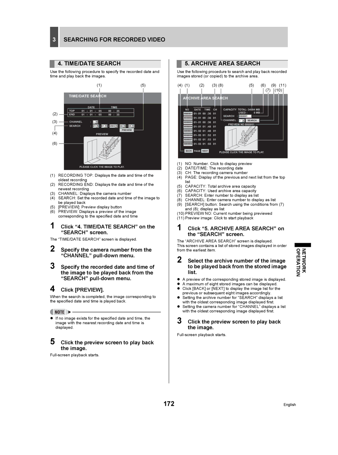 Sanyo DSR-5009P instruction manual 172, Searching for Recorded Video TIME/DATE Search, Archive Area Search 