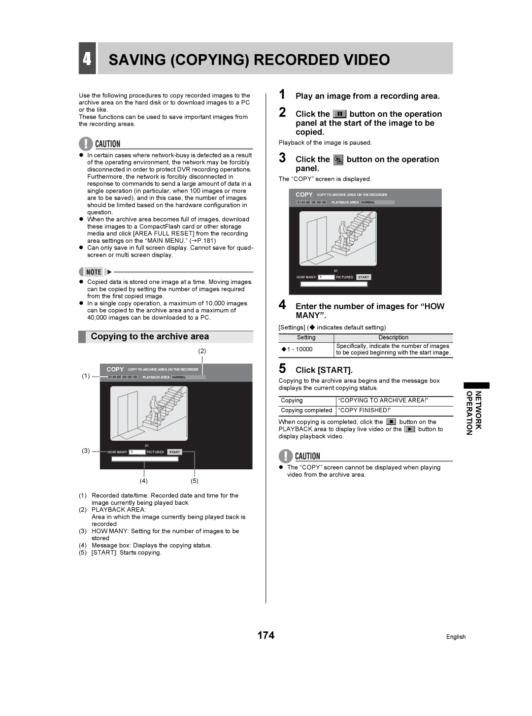 Sanyo DSR-5009P 174, Copying to the archive area, Click Button on the operation Panel, Copy screen is displayed 