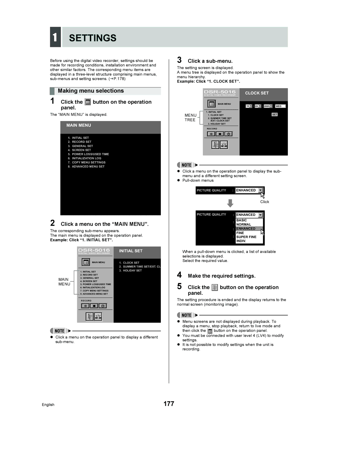 Sanyo DSR-5009P instruction manual Settings, 177, Making menu selections, Click a menu on the Main Menu, Click a sub-menu 