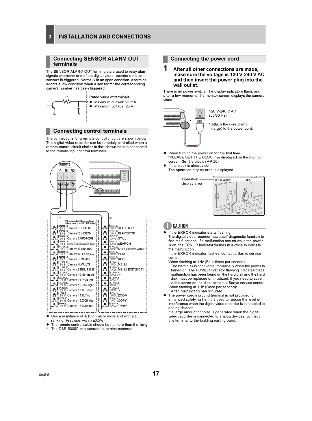 Sanyo DSR-5009P Connecting Sensor Alarm OUT terminals, Connecting control terminals, Connecting the power cord, Operation 