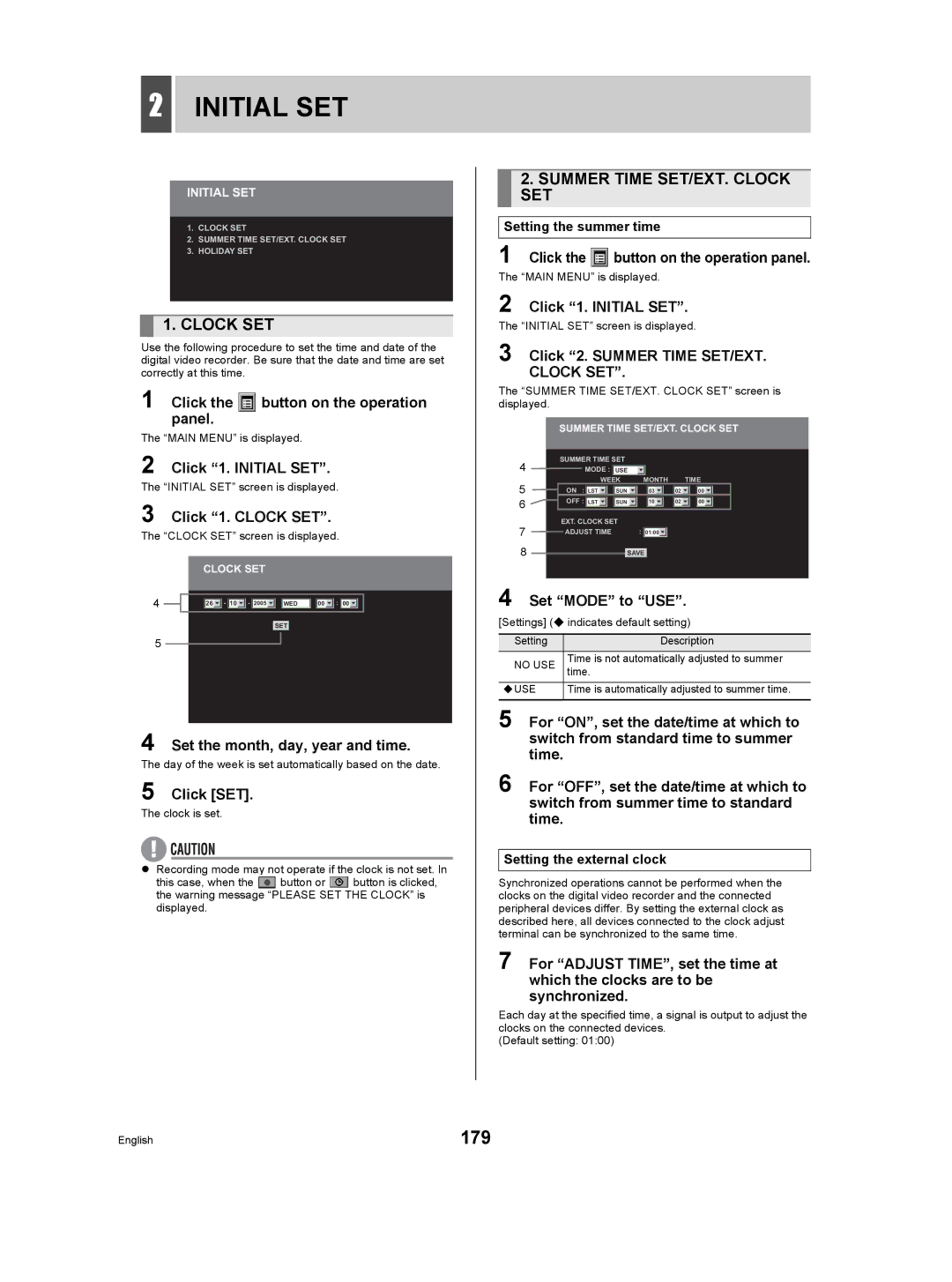 Sanyo DSR-5009P instruction manual 179, Summer Time SET/EXT. Clock SET 