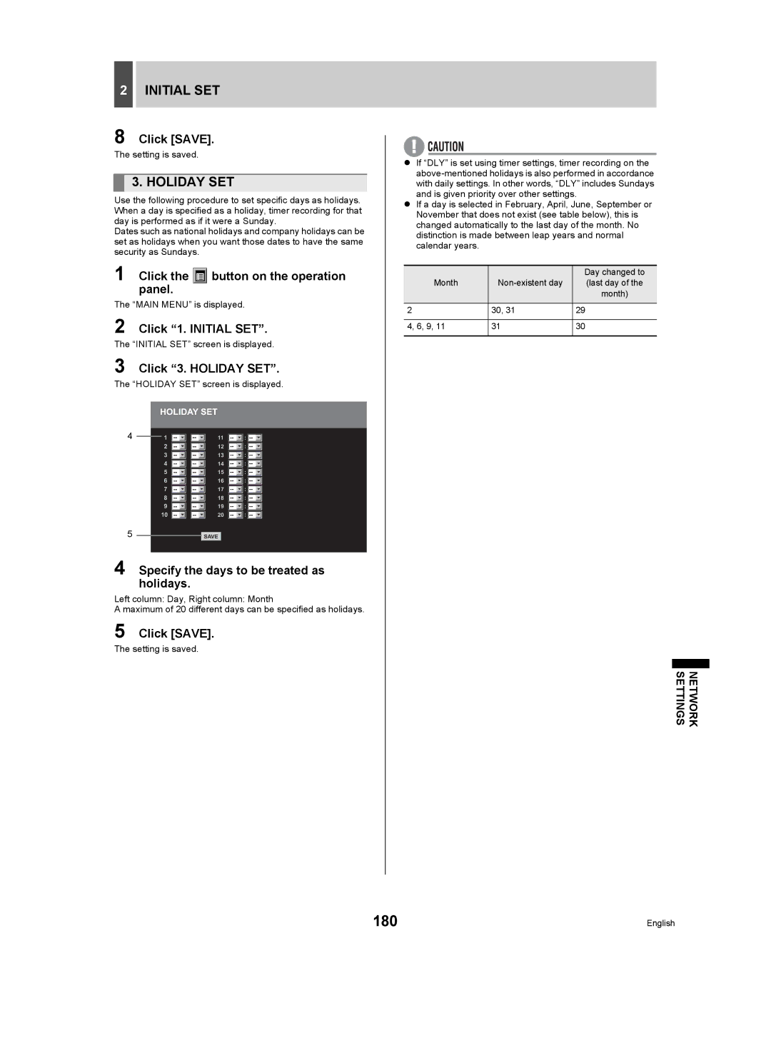 Sanyo DSR-5009P instruction manual 180, Click Save, Click 3. Holiday SET, Specify the days to be treated as holidays 