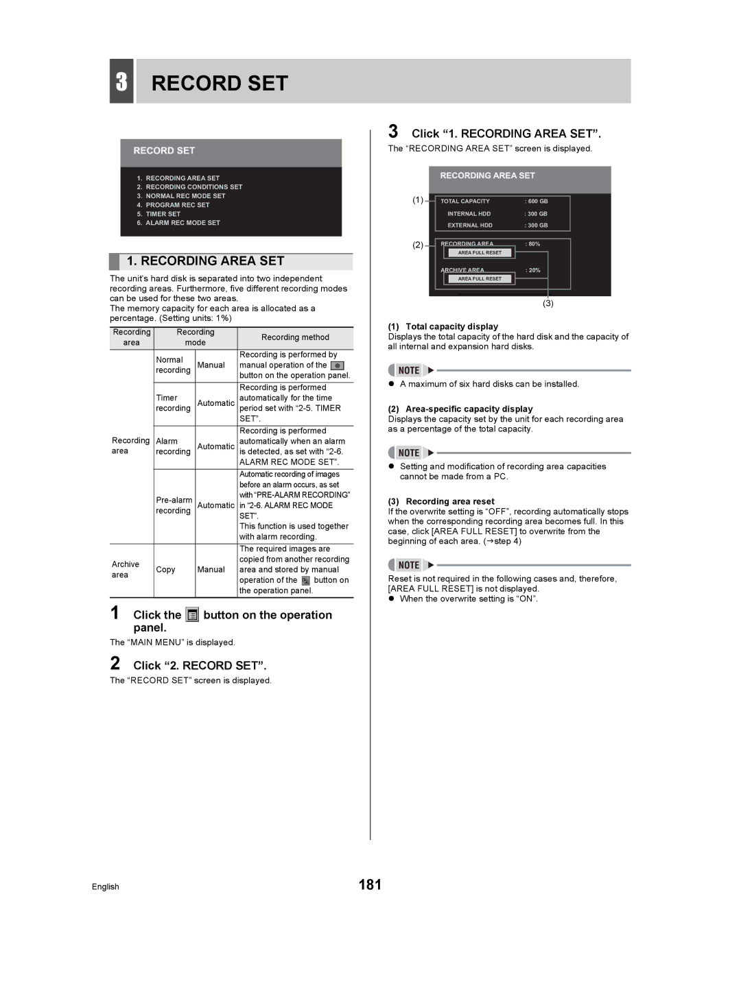 Sanyo DSR-5009P instruction manual 181, Click 2. Record SET, Click 1. Recording Area SET 