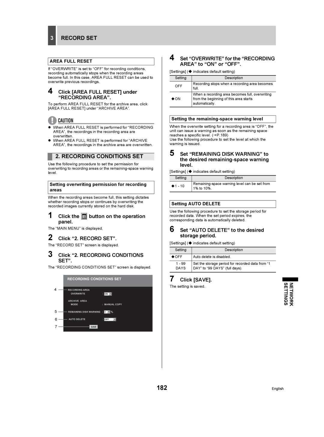 Sanyo DSR-5009P instruction manual 182, Recording Conditions SET 