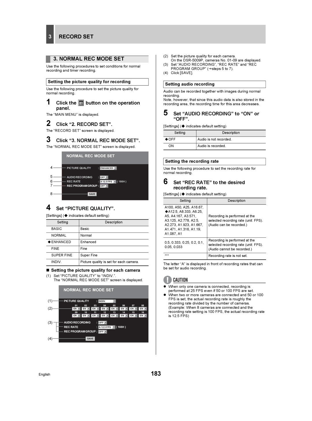 Sanyo DSR-5009P instruction manual 183, Record SET Normal REC Mode SET 