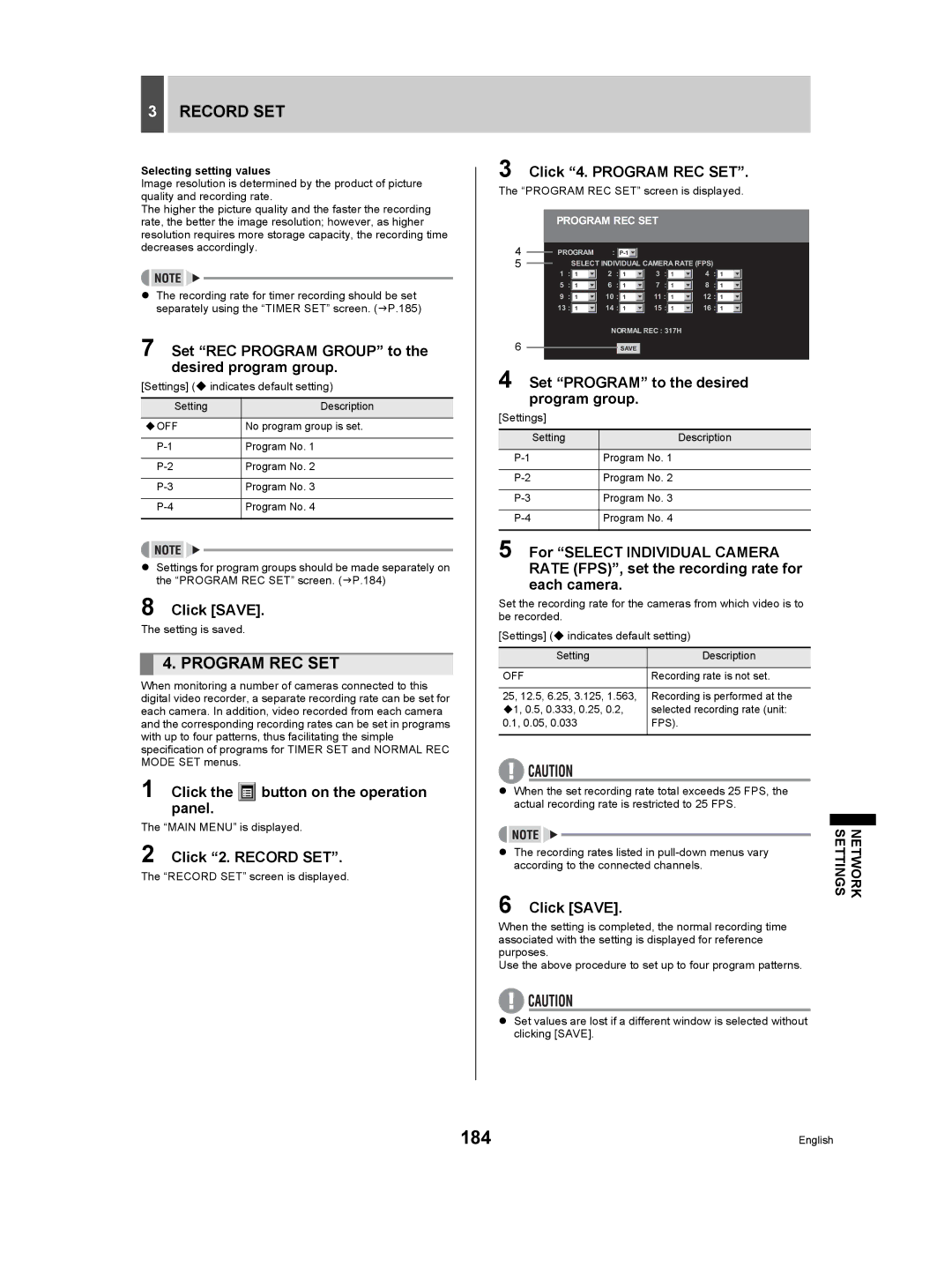 Sanyo DSR-5009P instruction manual 184, Set REC Program Group to the desired program group, Click 4. Program REC SET 