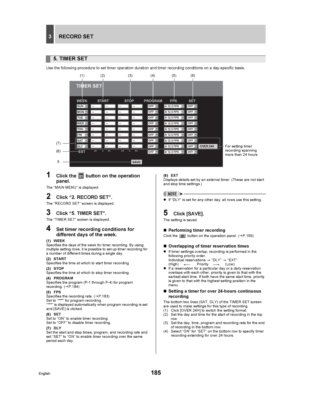 Sanyo DSR-5009P instruction manual 185, Record SET Timer SET, Click 5. Timer SET 