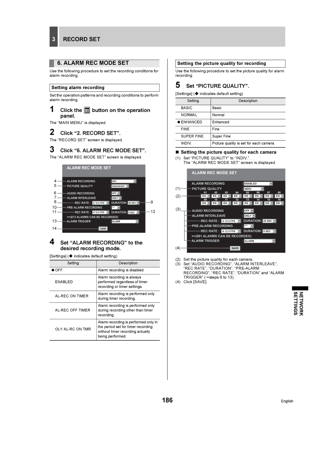 Sanyo DSR-5009P instruction manual 186, Record SET Alarm REC Mode SET, Click 6. Alarm REC Mode SET, Setting alarm recording 