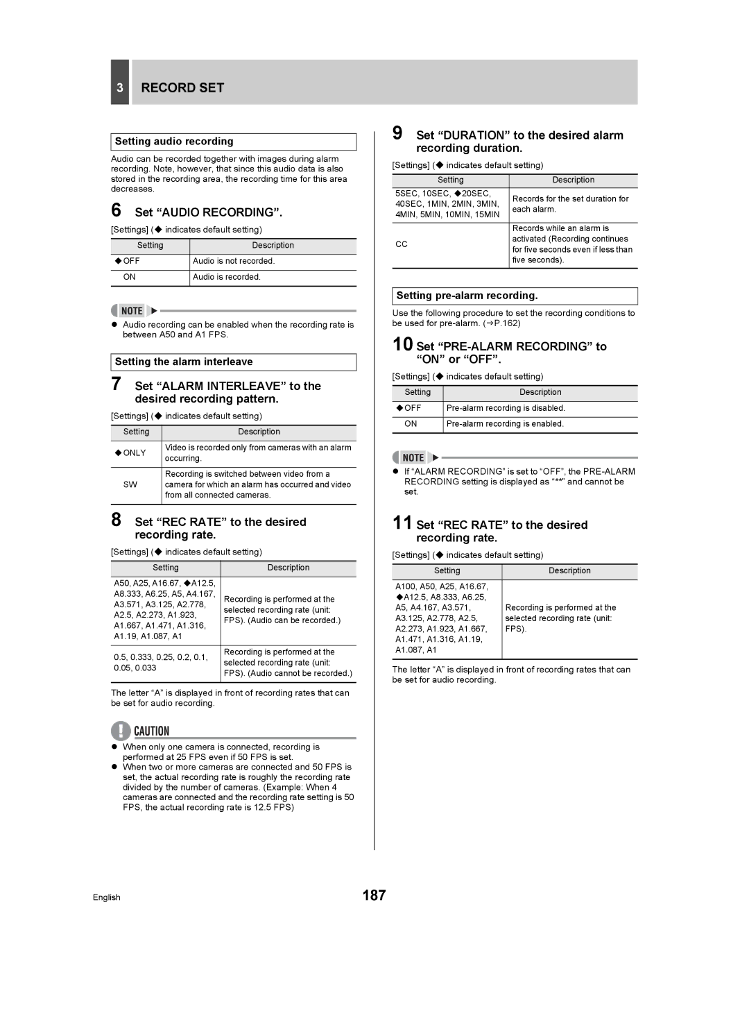 Sanyo DSR-5009P instruction manual 187, Set Audio Recording, Set Alarm Interleave to the desired recording pattern 