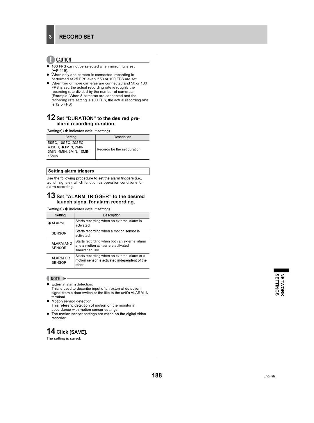 Sanyo DSR-5009P instruction manual 188, Set Duration to the desired pre- alarm recording duration, 15MIN, Alarm or 