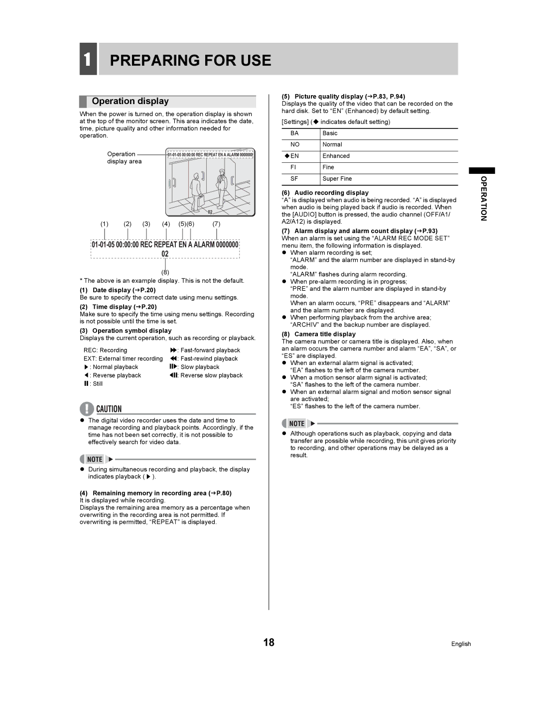 Sanyo DSR-5009P instruction manual Preparing for USE, Operation display, 01-01-05 000000 REC Repeat EN a Alarm 