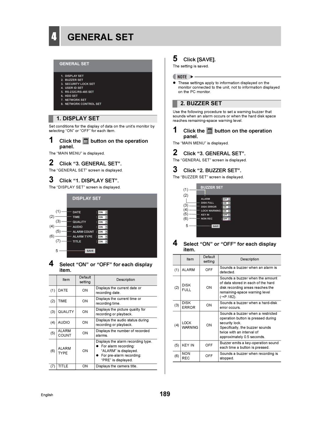 Sanyo DSR-5009P instruction manual 189, Display SET, Buzzer SET 