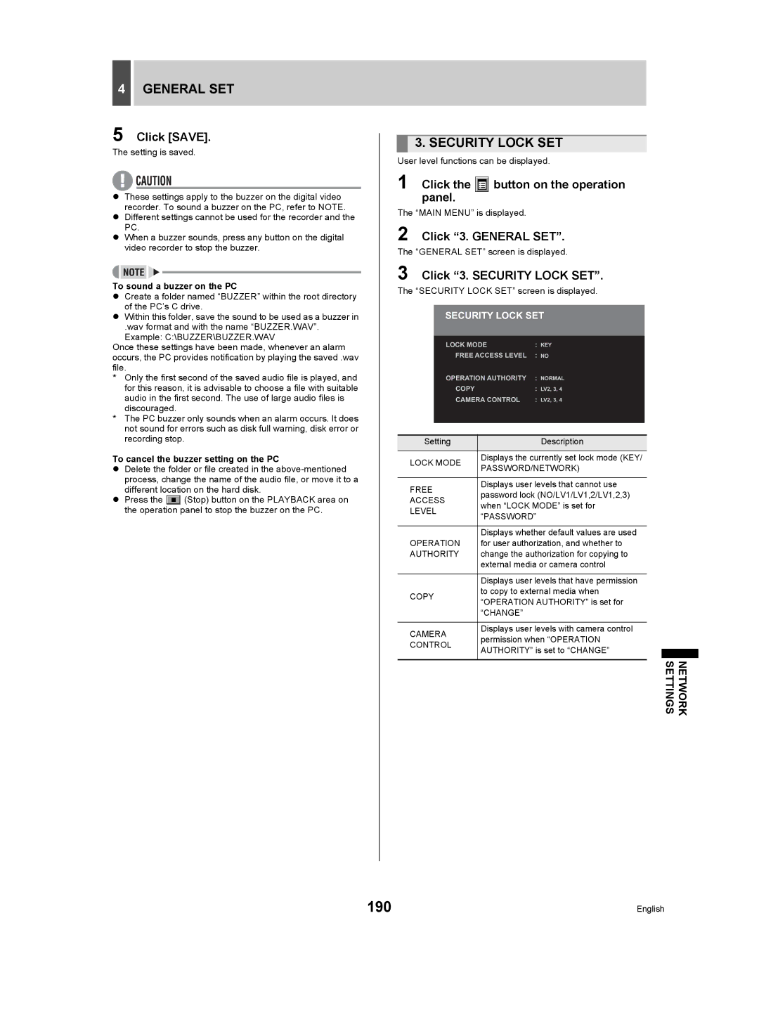 Sanyo DSR-5009P 190, Click 3. Security Lock SET, To sound a buzzer on the PC, To cancel the buzzer setting on the PC 