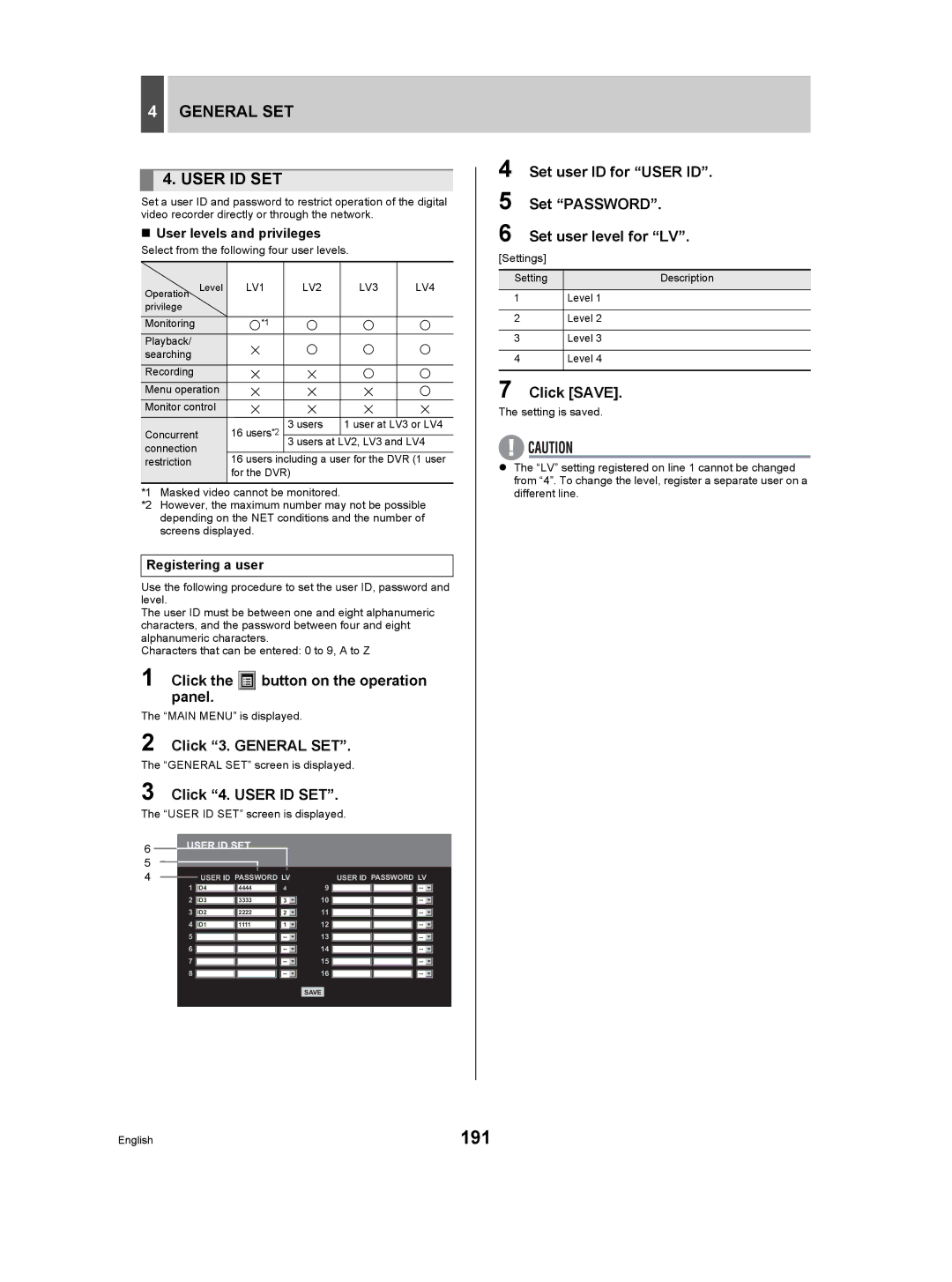 Sanyo DSR-5009P instruction manual 191, General SET User ID SET, Click 4. User ID SET, Settings Description Level 