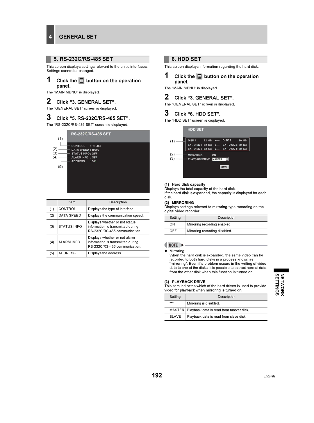 Sanyo DSR-5009P instruction manual 192, Hdd Set, Click 5. RS-232C/RS-485 SET, Click 6. HDD SET 