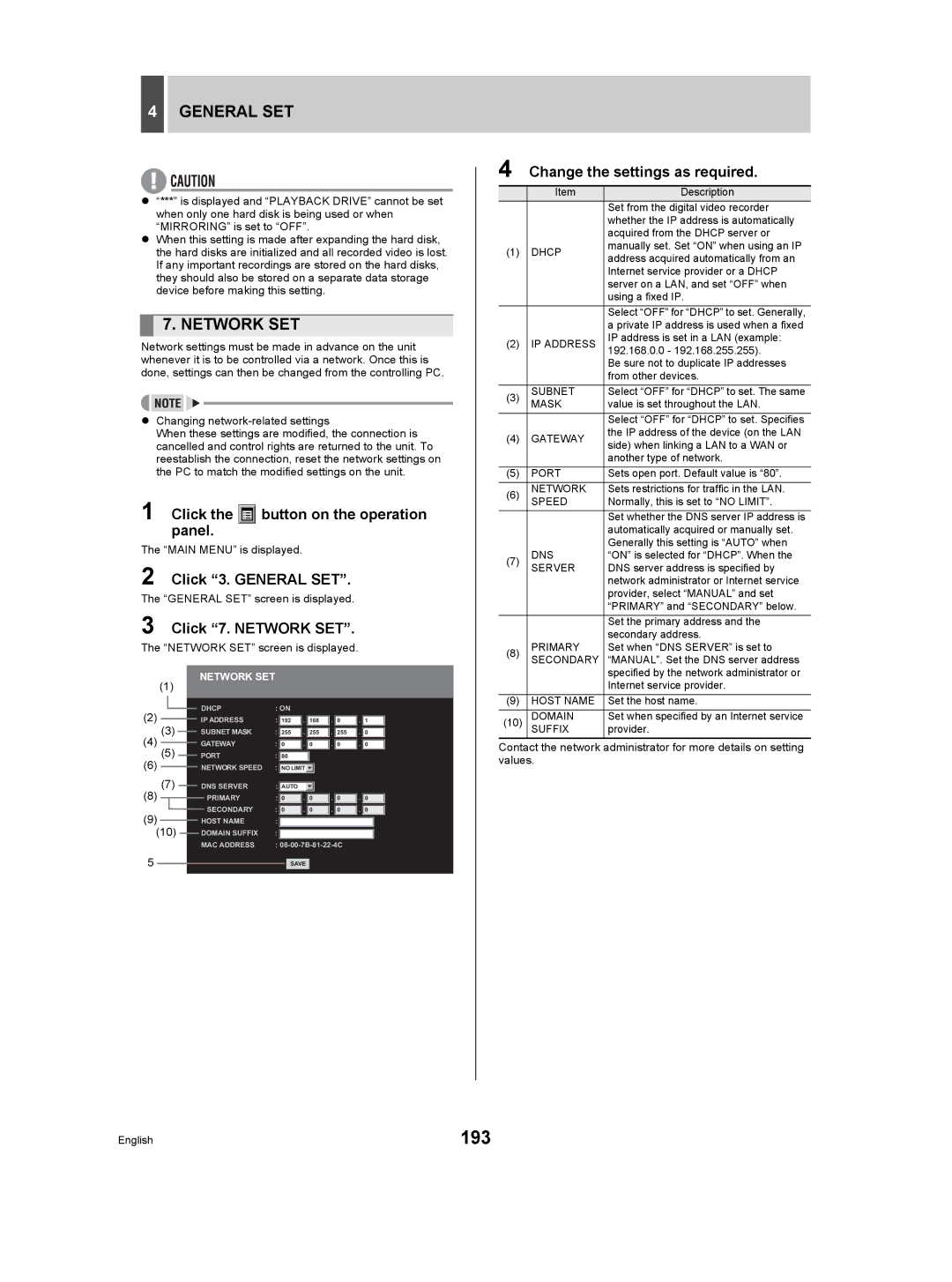 Sanyo DSR-5009P instruction manual 193, Click 7. Network SET, Change the settings as required 