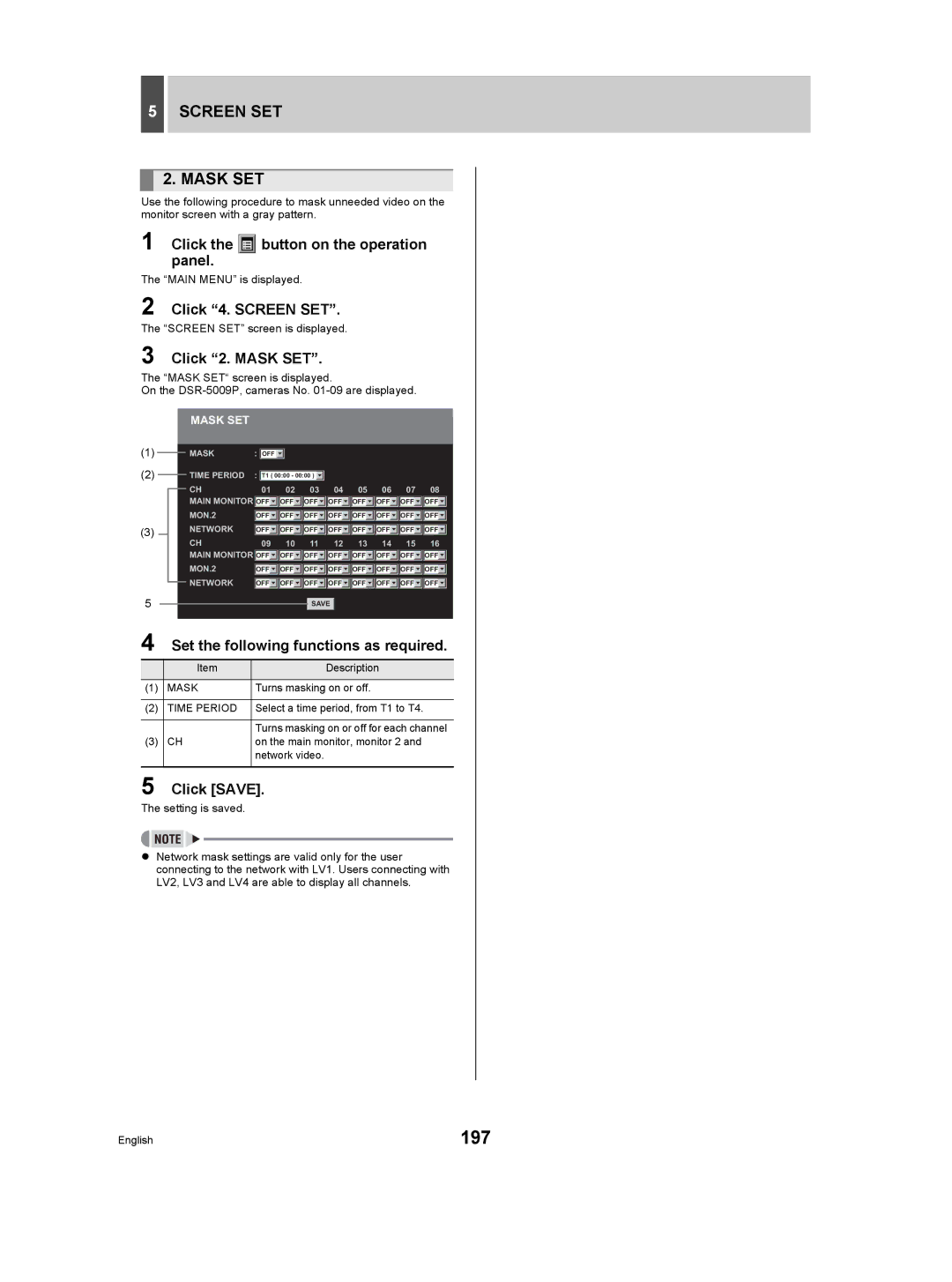 Sanyo DSR-5009P 197, Screen SET Mask SET, Click 2. Mask SET, Set the following functions as required, Time Period 